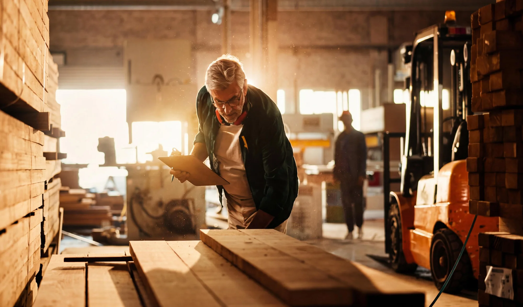 Craftsman inspecting timber inside a warehouse